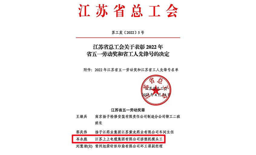 20年产品质量“零缺陷”——必赢官网员工岑永彪荣获“江苏省五一劳动奖章”